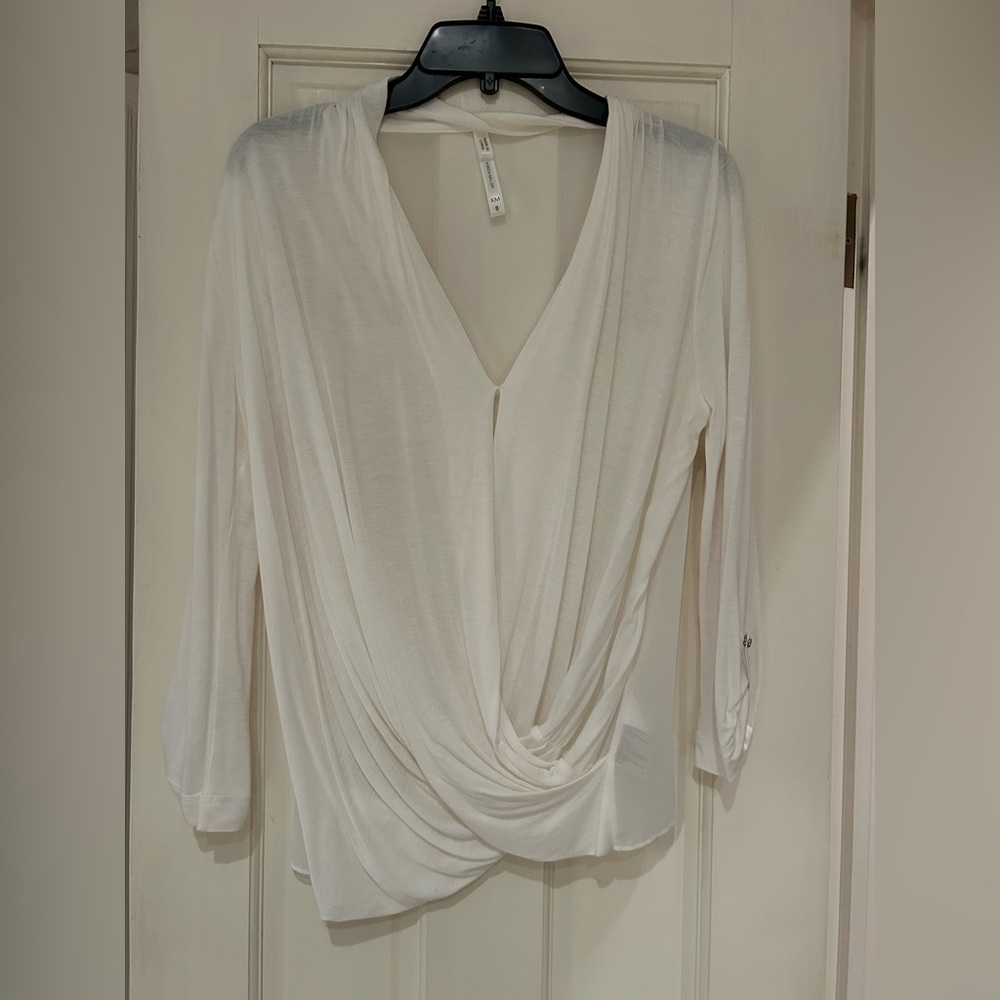 Karen Millen Elegant White Drape Front Top with sheer back. Size 8